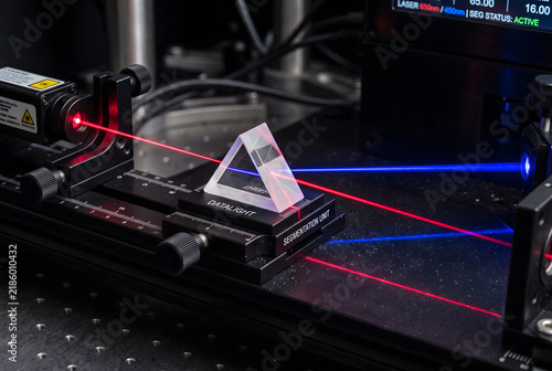 Macro View of Prism Splitting a Coherent White Laser Beam into Binary Colored Streaks