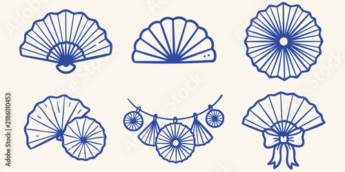 A collection of blue hand drawn doodle fans in various styles against a cream background for decorative purposes
