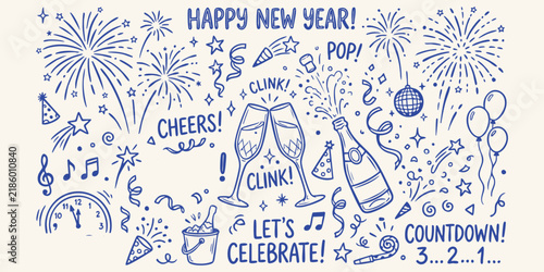 Hand drawn doodle celebrating New Year's Eve with champagne fireworks and festive elements against a cream background