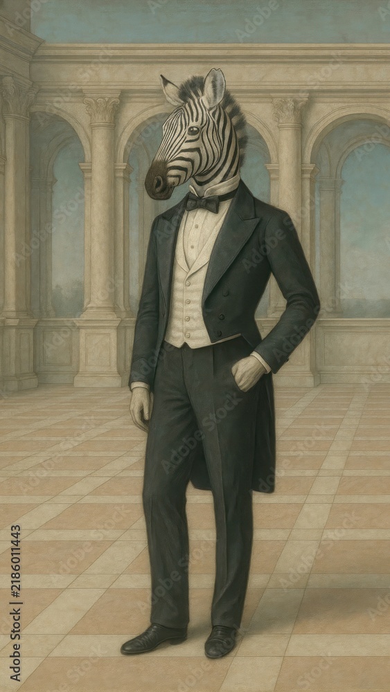 Fototapeta premium Surreal zebra-headed gentleman illustration.