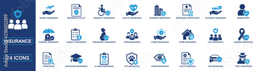 Insurance Icon Set with Life, Health, Car, Home, Travel, Cyber, Business, Liability, Policy, Claims and Financial Protection Editable Vector Icons for Web and App Design
