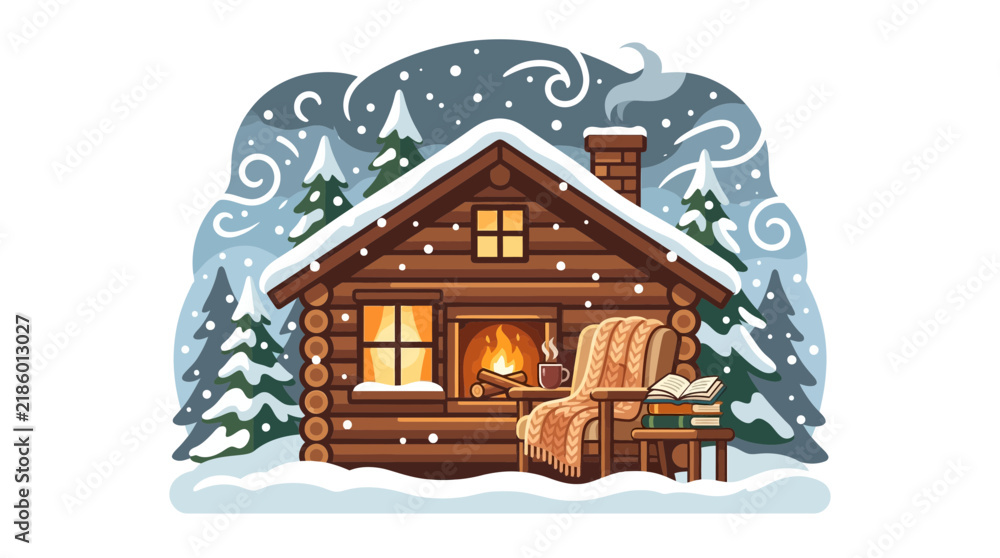 Fototapeta premium Cozy wooden log cabin in a snowy winter forest with warm lighting