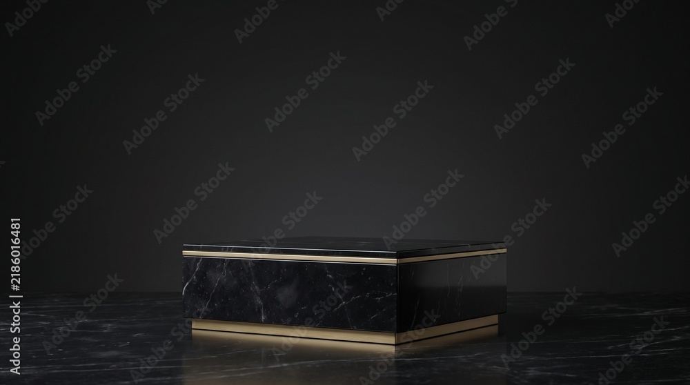Fototapeta premium Black marble 3D product podium with gold accents