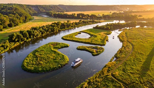 Aerial view of a cruise boat navigating a winding river surrounded by lush green landscapes during sunset