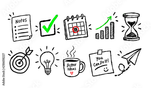 Hand drawn business and productivity icons set isolated on transparent background