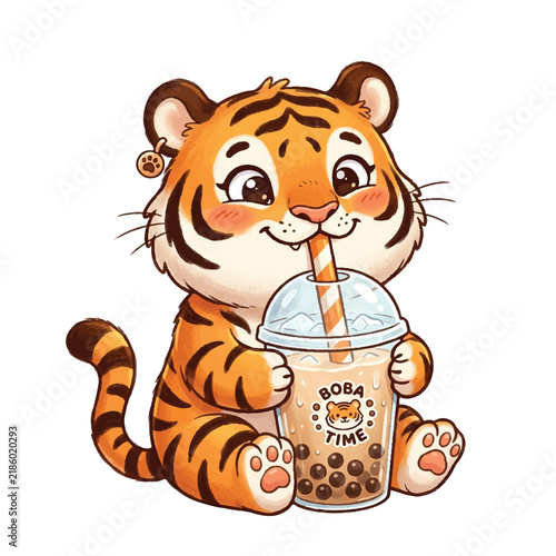 Cute Cartoon Tiger Drinking Milk from a Cup Vector Illustration Isolated on White Background Wildlife Animal Character Design