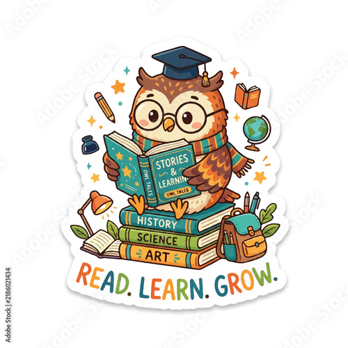 Cute Cartoon Owl Teacher Reading a Book with Glasses and Graduation Cap Educational Bird Character Vector Illustration for School Learning and University Study Design