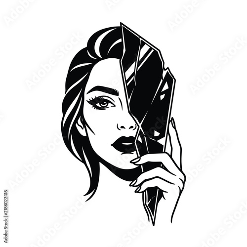 Portrait of a woman hiding behind a piece of shattered broken mirror