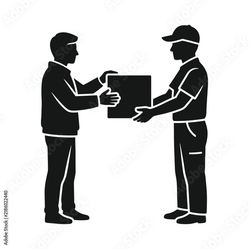 Delivery courier handing a package to a customer in silhouette icon style