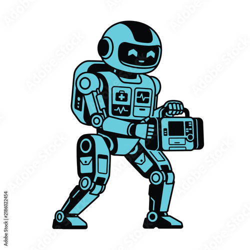 Futuristic medical robot carrying a first aid kit for emergency assistance