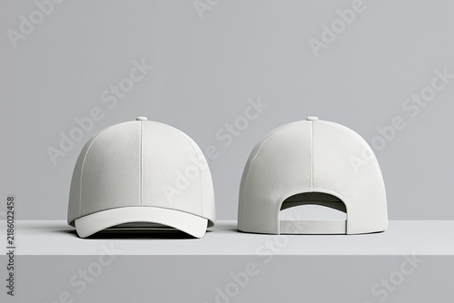 Two plain white baseball caps, front and back views, on a grey surface