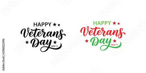 Two creative happy veterans day lettering designs with stars isolated on a white background for holiday greeting cards