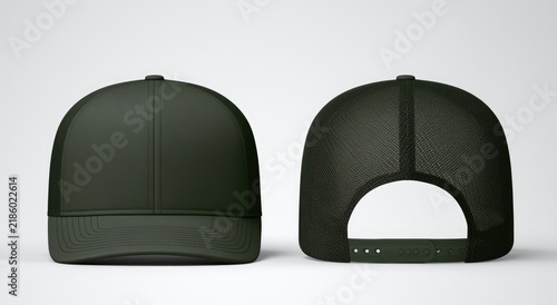 Two views of a dark green trucker hat, front and back, on a white background