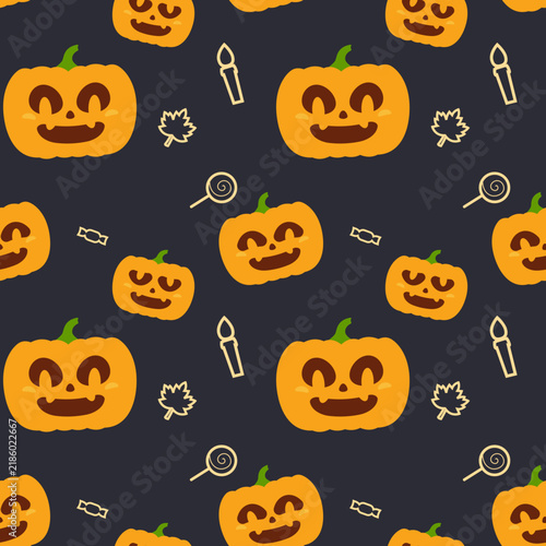 Cute Halloween Pumpkin Seamless Pattern with Candles, Candy and Pumpkin Leaves