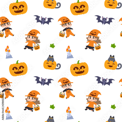 Cute Halloween Kids Seamless Pattern – Children with Pumpkin Candy Bags and Spooky Ornaments