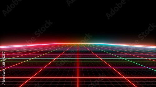 Neon mesh lines vanishing point dark space with generous copy space for headlines branding and presentations