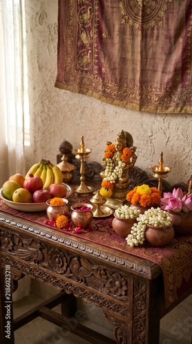 Bild auf Leinwand Serene Buddha Statue with Fruit Offering and Floral Decor in Temple