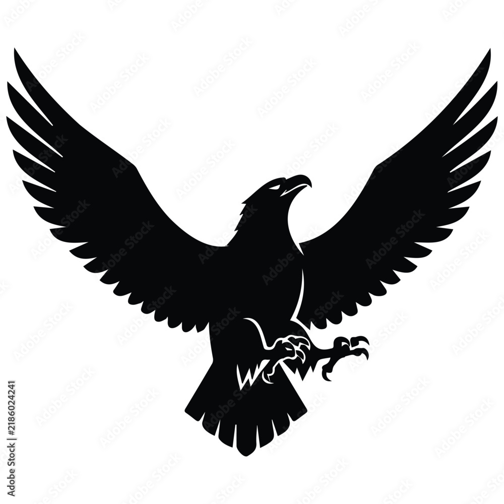 Fototapeta premium Majestic soaring eagle silhouette with open wings and talons extended ready to strike.