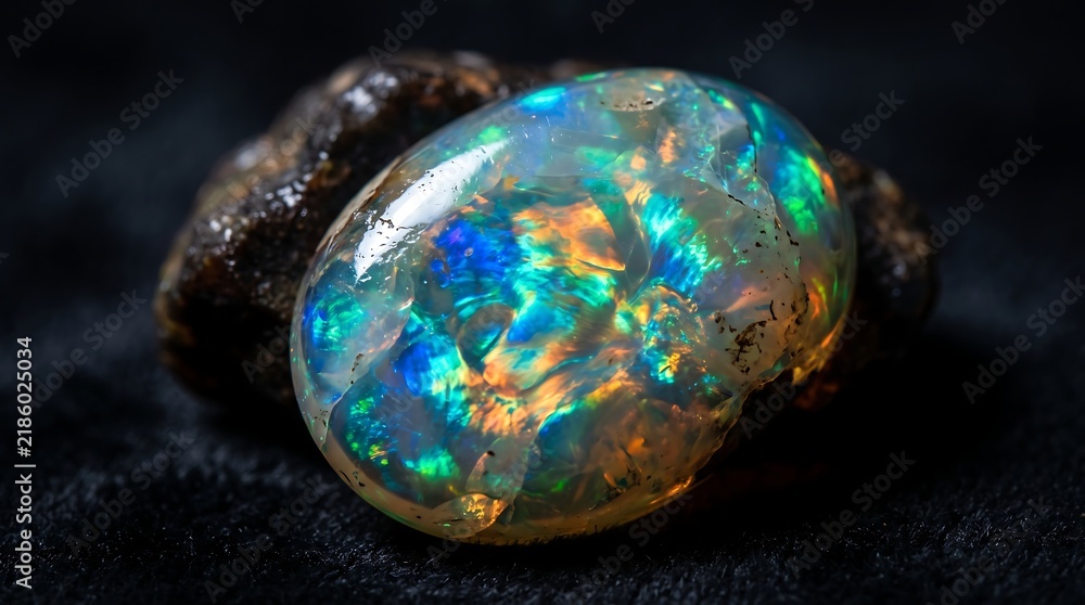 Obraz premium Vibrant play-of-color radiates from a precious natural opal gemstone, revealing its mesmerizing iridescence and unique beauty, a captivating marvel forged within the earth