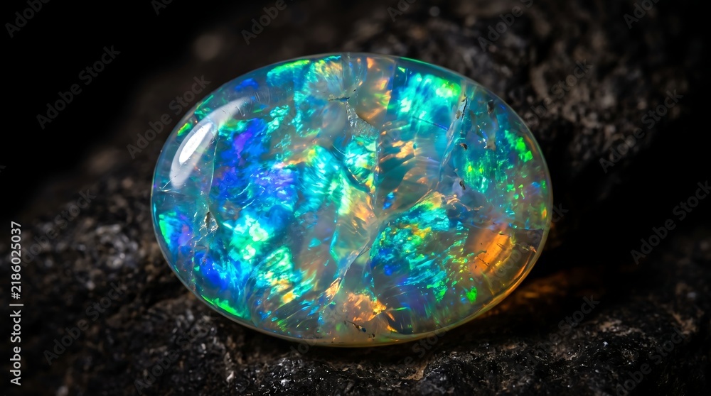 Obraz premium Polished Oval Opal Gemstone with Vibrant Iridescent Multi-Color Light Reflections Resting on Dark Textured Natural Rock Macro Photography