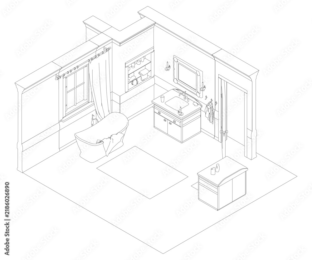 Fototapeta premium Detailed bathroom sketch in isometric contour style features central bathtub with sink and mirror above, window to the left, and table with scattered accessories on the right. Isometric view