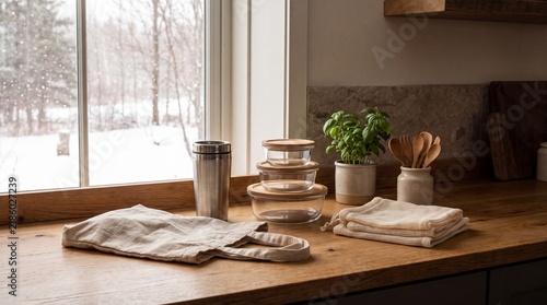 Sustainable Kitchen Essentials on Wooden Countertop with Reusable Containers and Cloth Bags