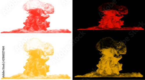 Foto Nuclear explosion mushroom cloud set, atomic bomb blast illustrations in red and