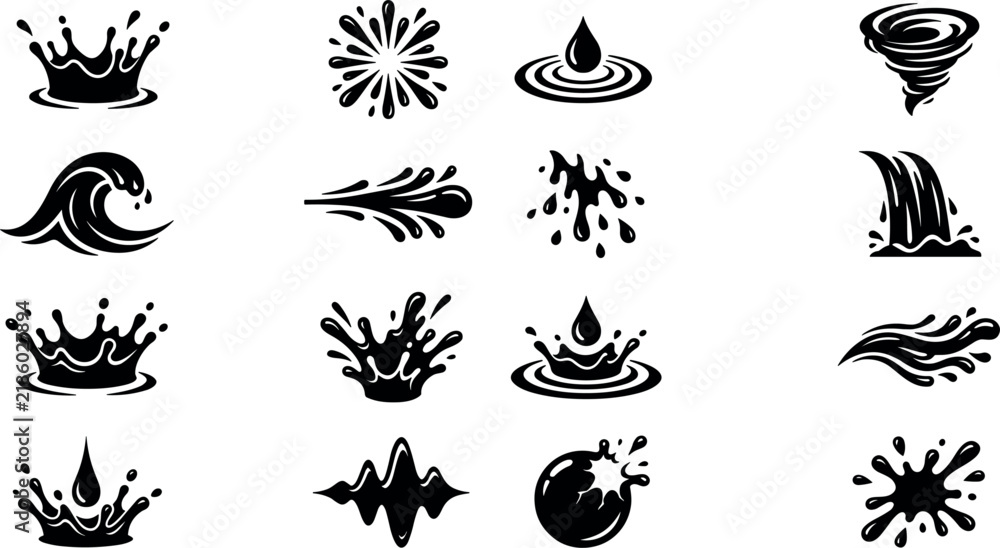 Fototapeta premium Black liquid splash icon set featuring water drops, ocean waves, crown splashes, whirlpool, waterfall, and ink splatters isolated on white background.