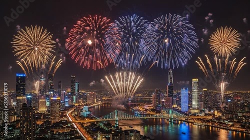Spectacular Fireworks Display Over City Skyline at Night.