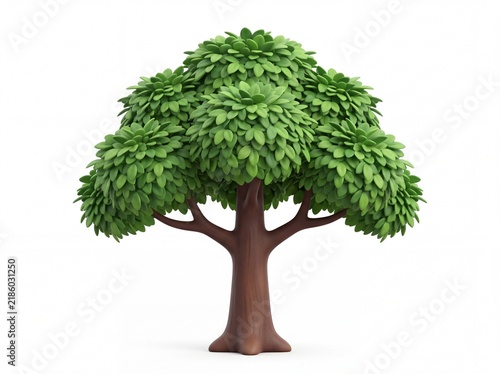 Stylized cartoon tree with vibrant green foliage and smooth brown trunk