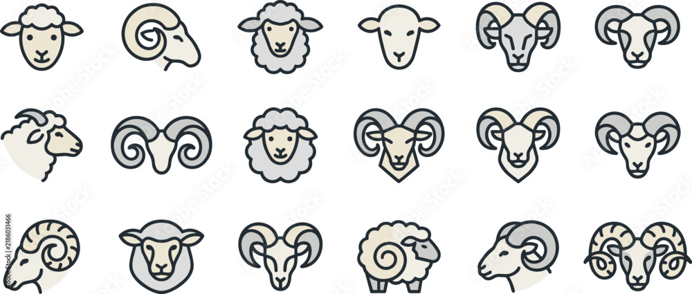 Obraz premium Vector set of sheep and ram head icons featuring horn designs lamb faces and livestock symbols isolated on white background for farm logo