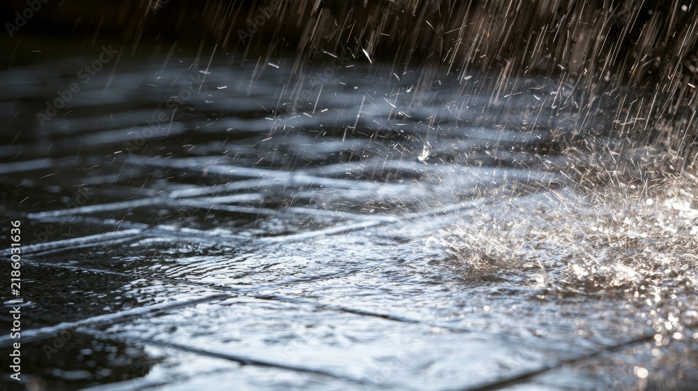 Obraz premium Heavy rain splashing on wet pavement tiles in a city parking lot, close-up view showing stormy weather, water droplets, urban drainage, climate change, vehicle protection and safety concerns