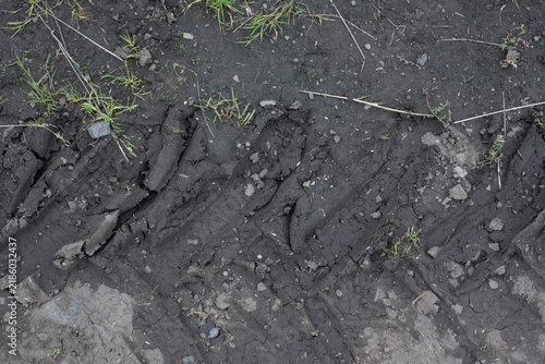 Heavy vehicle tire track imprinted in dark wet mud