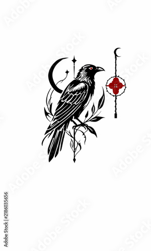 Stylized bird vector tattoo design with a red accent element.