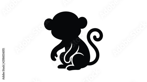 Canvas Print A black monkey silhouette sits curled with a long tail on transparent background