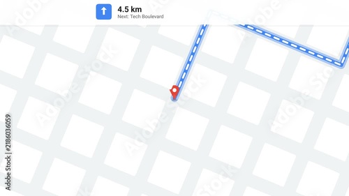 Digital Navigation Route Map Interface Showing GPS Tracking Direction and Travel Distance for Urban City Street Commuting