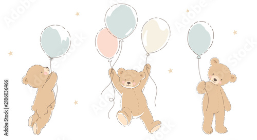 Cute Vintage Teddy Bear Vector Illustration Set with Balloon for Baby Nursery and Kids Design