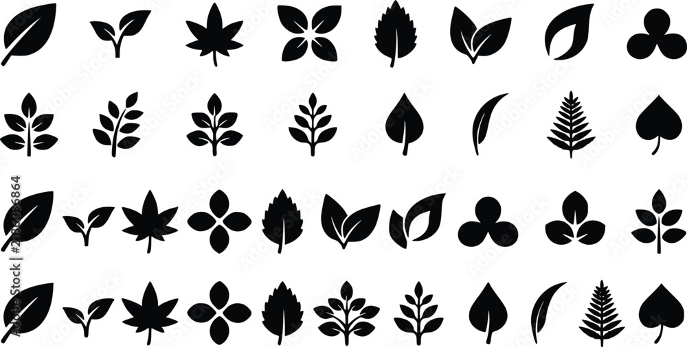 Obraz premium Diverse collection of black leaf icons presented as a clean vector graphic illustration featuring many unique botanical foliage shapes design