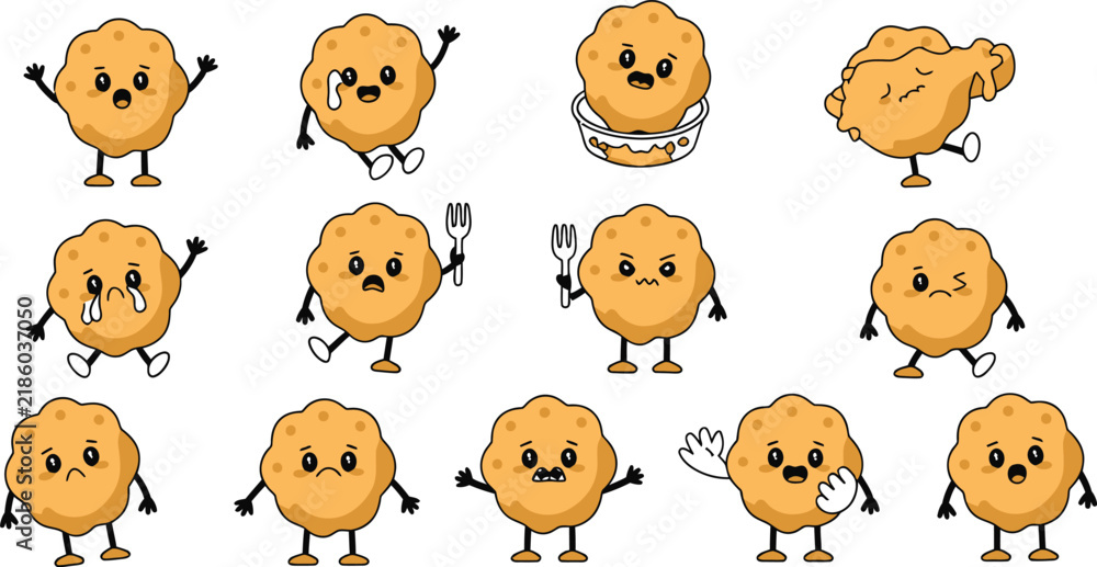 Fototapeta premium Set of cute brown cookie cartoon characters with various facial expressions and poses, isolated on a white background, for food and, snack related projects