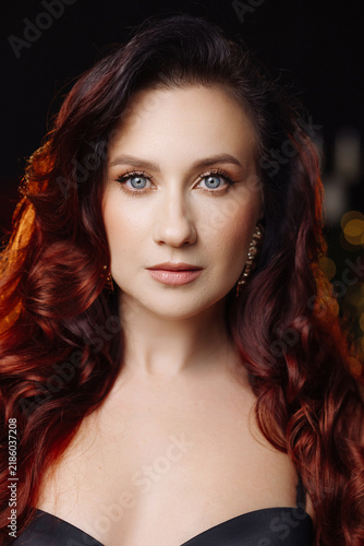 Fotografie Glamorous Caucasian Woman Closeup Portrait, Smoky Makeup And Red Curls, Straples