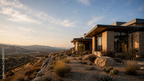 Modern desert house with drought tolerant landscaping overlooking a mountain valley at sunset, featuring native plants and natural stone
