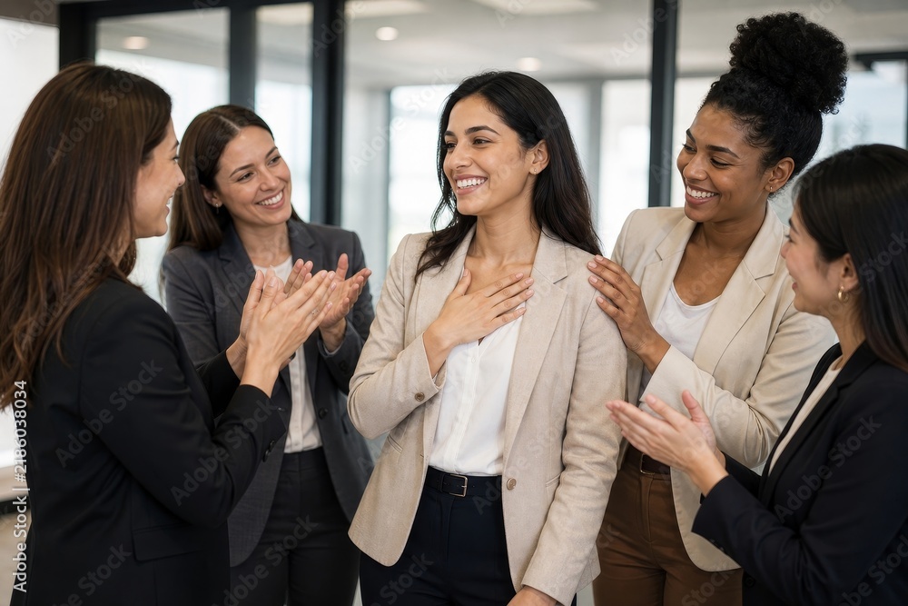 Obraz premium Four businesswomen clapping and celebrating in office or meeting room with smiles