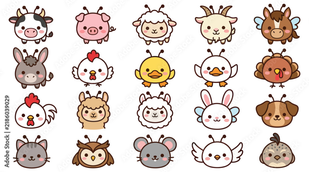 Fototapeta premium Collection of cute farm and wild animals