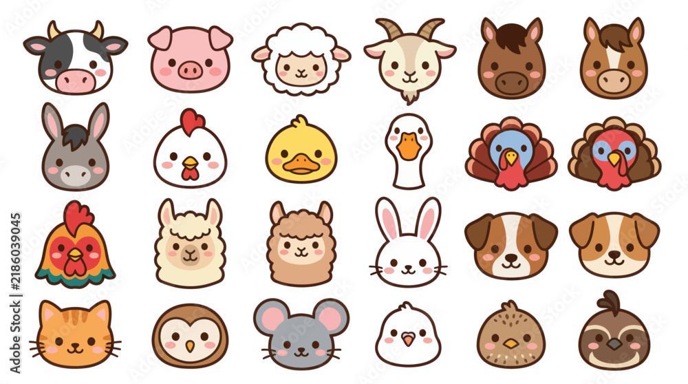 Fototapeta premium Collection of cute farm animal faces