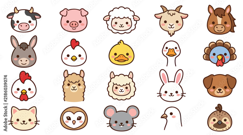 Obraz premium Collection of cute farm animal faces