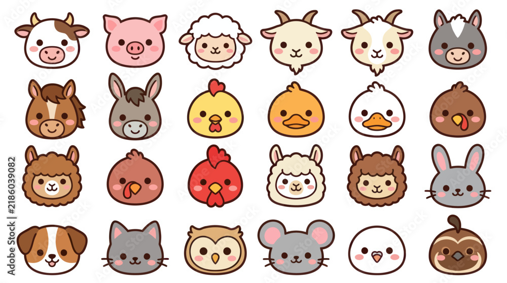 Fototapeta premium Collection of cute farm animal faces