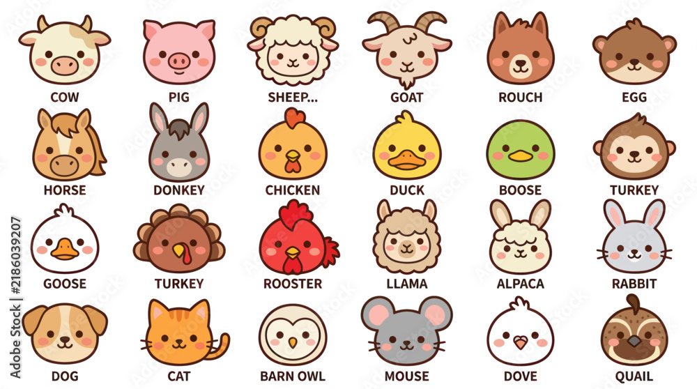 Fototapeta premium Collection of cute farm animal faces