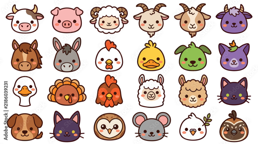 Fototapeta premium Collection of cute farm animal faces