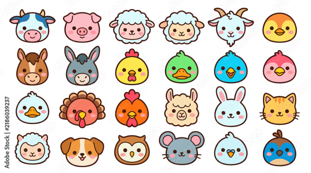 Fototapeta premium Collection of cute farm animal faces