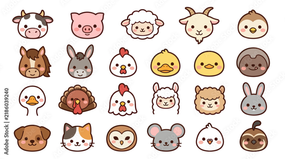 Obraz premium Collection of cute farm animal faces